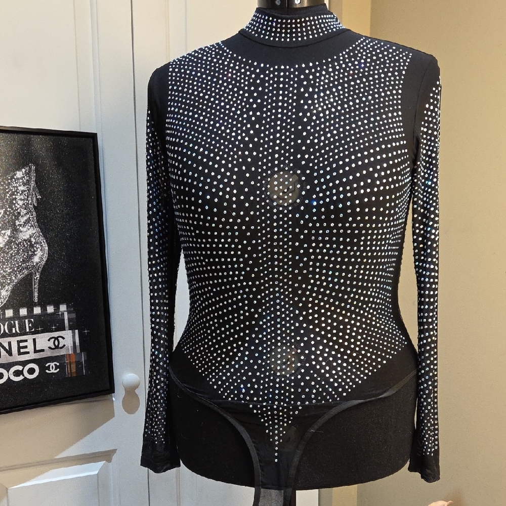 Nwot XL And LARGE Elegant Black Rhinestone Bodysuit Mesh